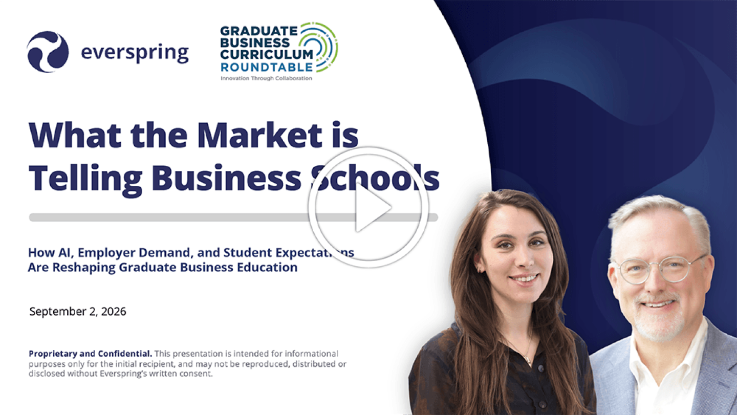 Presentation cover titled “What the Market is Telling Business Schools,” featuring Everspring and GBC Roundtable logos and a speaker headshots.