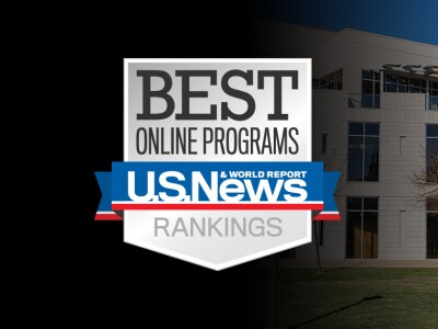 Lucas Hall with an overlay of the U.S. News & World Report Best Online Programs Rankings seal.