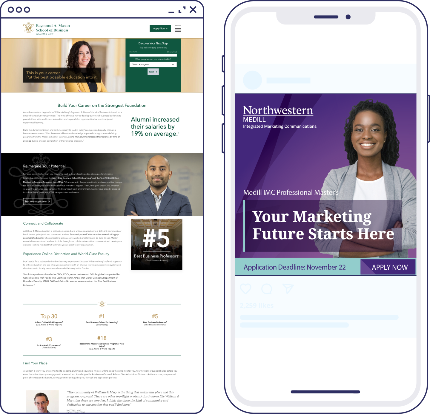 William & Mary microsite and Northwestern ad displayed on mobile phone screens