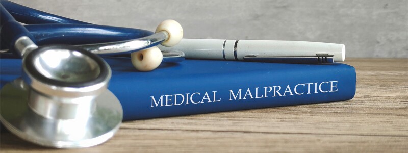 A stethoscope and pen are stacked on top of a blue "Medical Malpractice" book.