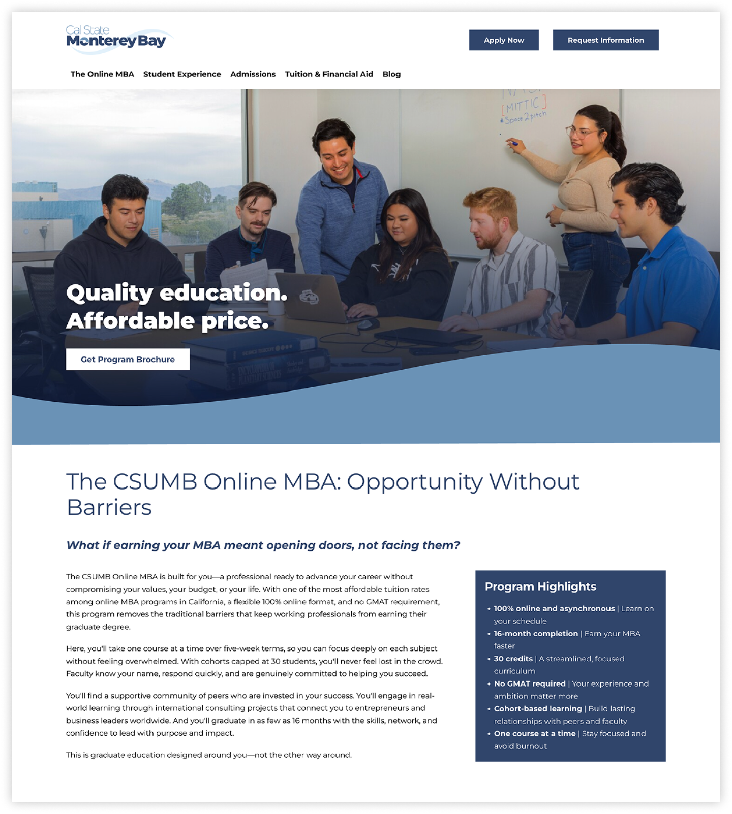 CSUMB Online MBA webpage featuring students collaborating and highlights like 100% online, 16-month completion, and no GMAT required.