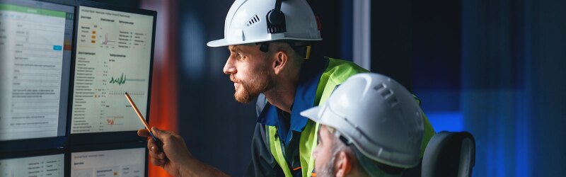 Two engineers looking at a computer screen