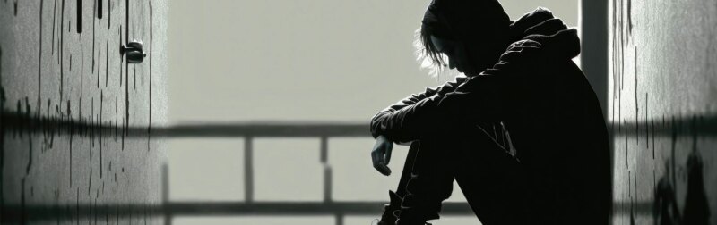 Black and white image of a man sitting on the ground in a hallway with arms crossed.