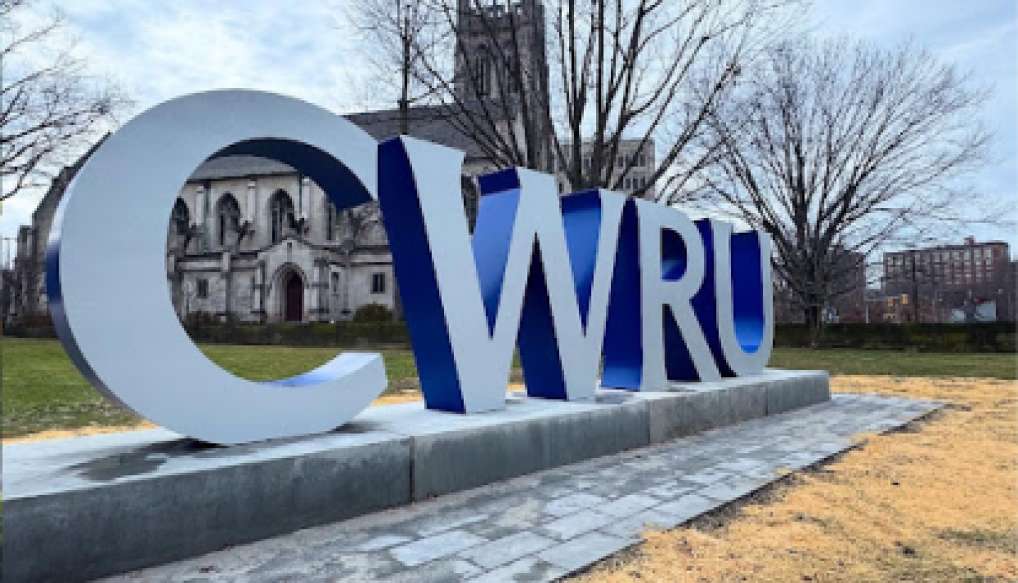 Large CWRU statue on campus grounds.