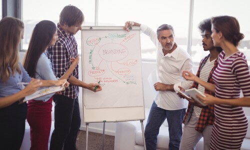 five students around white board taking notes while teacher in white shirt presents graph