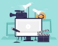 Graphic of computer monitor surrounded by recording equipment.