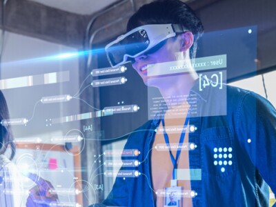 Four students using virtual reality equipment and software experiencing a virtual environment