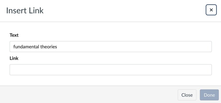 Annotated screenshot of the insert link option in Canvas