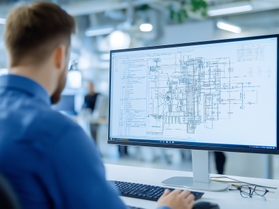 Engineer studying blueprints on a large monitor