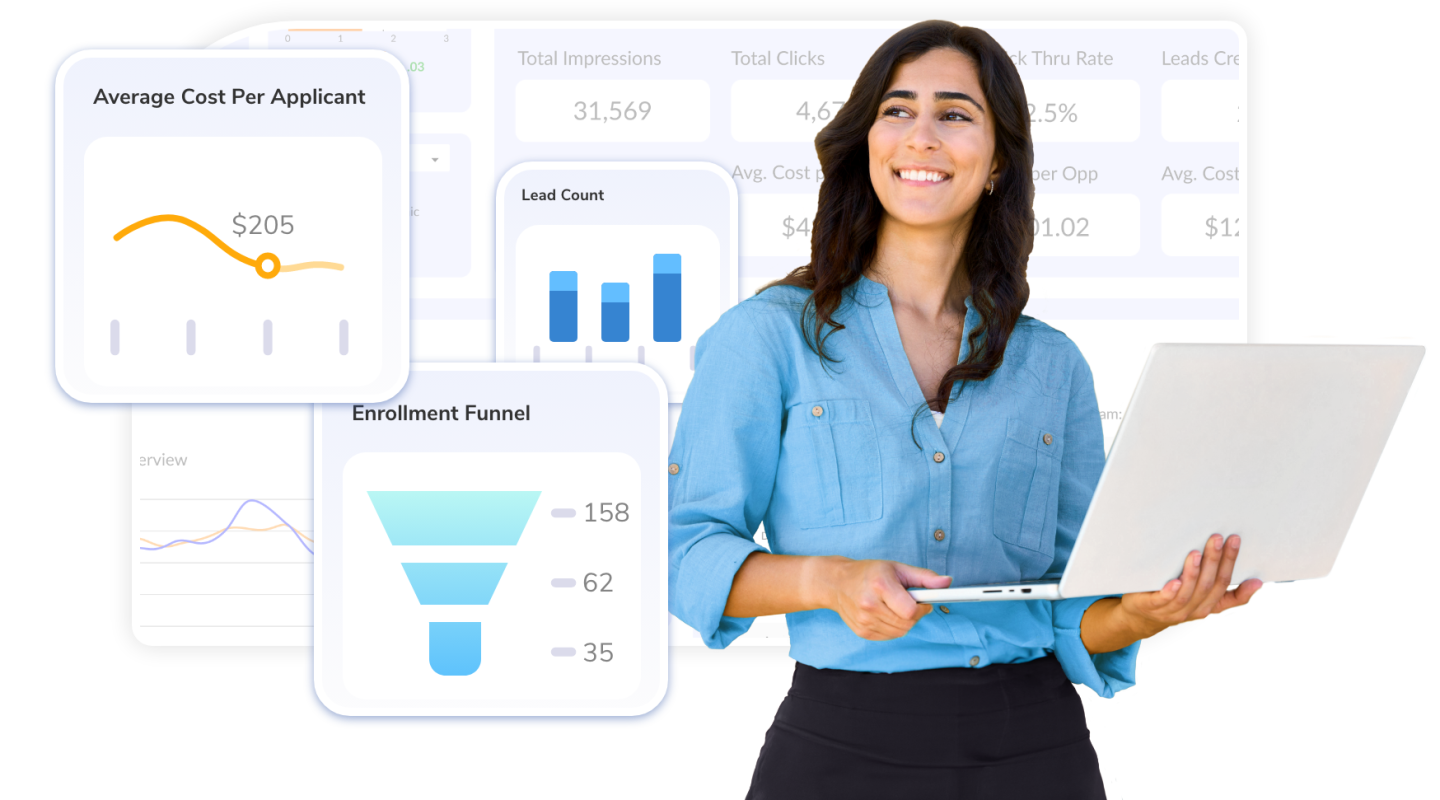 Woman smiling among diagrams of successful metrics
