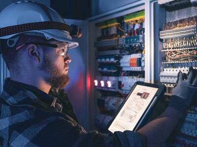 Electrical engineer wearing goggles and hardhat working on servers