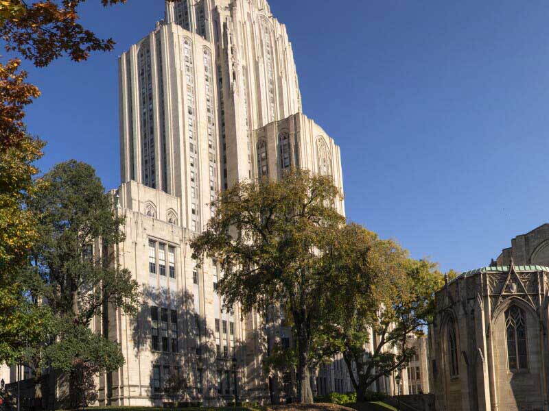 Tall campus building set against blue sky in the autumn