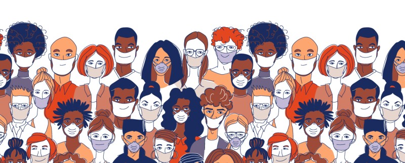 graphic drawing of crowd of people in masks warm toned colors