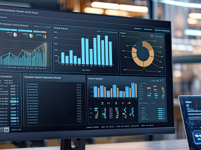 Two monitors displaying data analytics