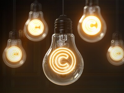 Copyright icon glowing inside of a light bulb hanging from the ceiling