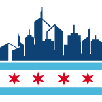 Chicago skyline above Chicago flag