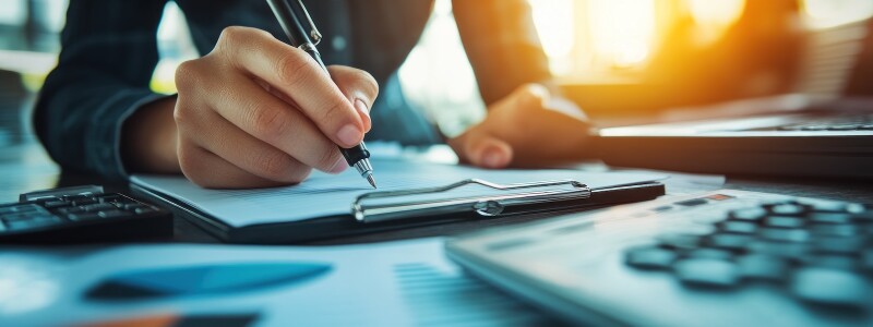 A hand holds a pen over a notepad, with papers and a calculator on the desk, in afternoon sunlight