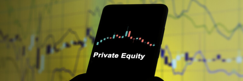 phone with black screen displaying the words private equity