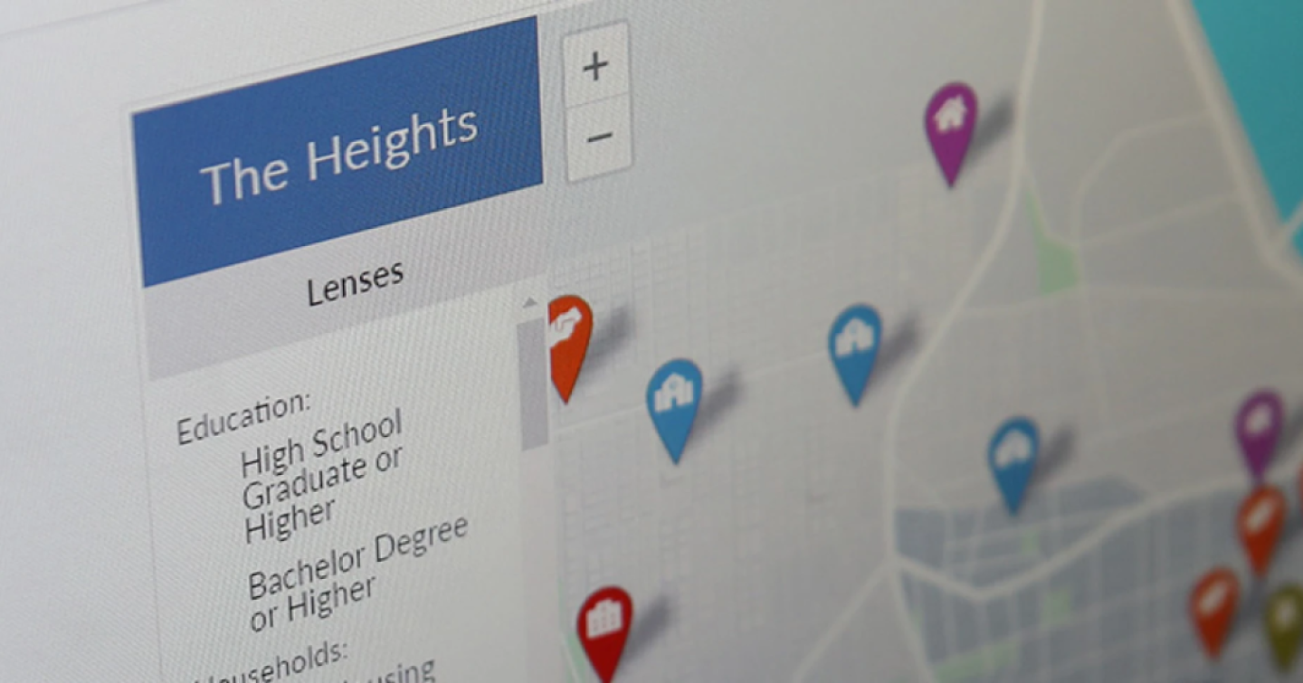 The Heights interface showing pins on an interactive map