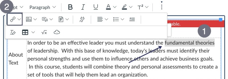 Annotated screenshot of the link addition process in Canvas