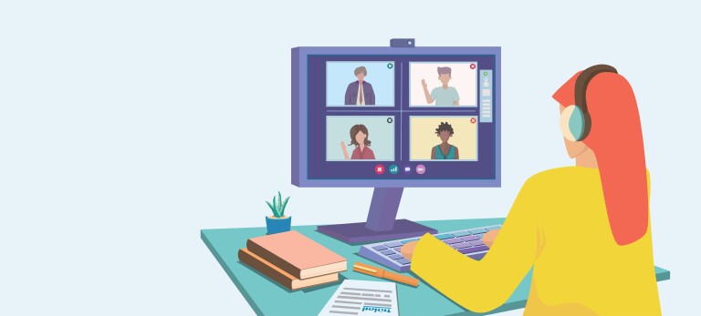 Woman meeting online with international team.