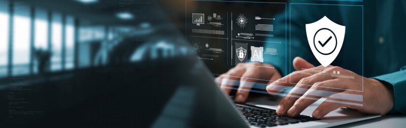 Man working on computer works on cybersecurity and privacy concept of data protection.