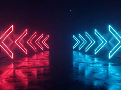 Abstract neon arrows glowing in red and blue light paths