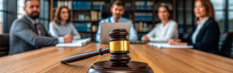 Judge’s gavel with legal professionals having a team meeting in a law firm.