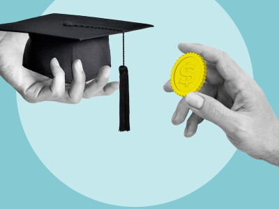 A graphic illustration shows hands exchanging a graduation cap for a cartoon coin with a dollar sign.
