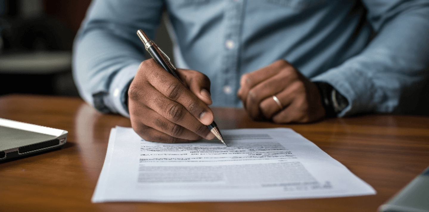 Hands of person seated at desk signing a document
