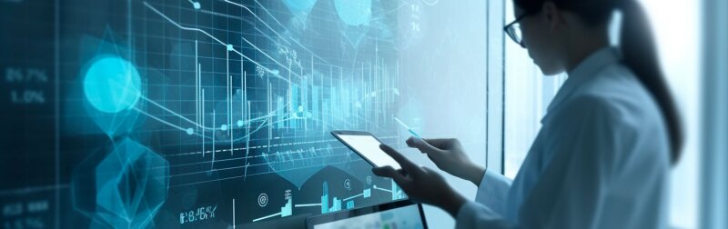 Female health professional holds a tablet while reviewing medical data on a wall monitor.