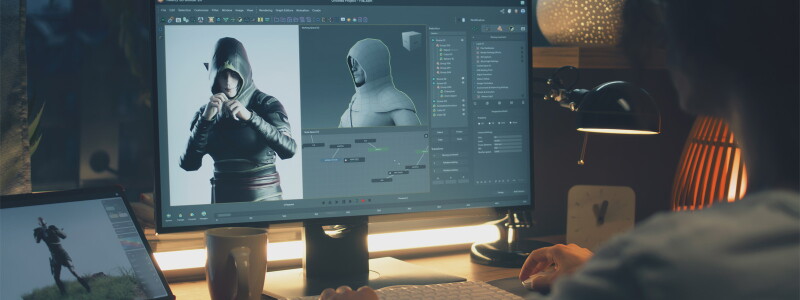 A person sitting at a desk views computer screens displaying a video game character in development.