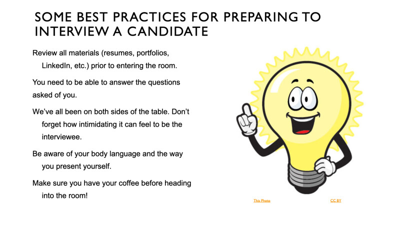 PowerPoint slide titled "Some Best Practices for Preparing to Interview a Candidate," featuring a list and clip art lightbulb.