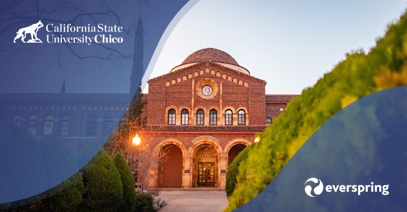 Chico State building with logo overlay