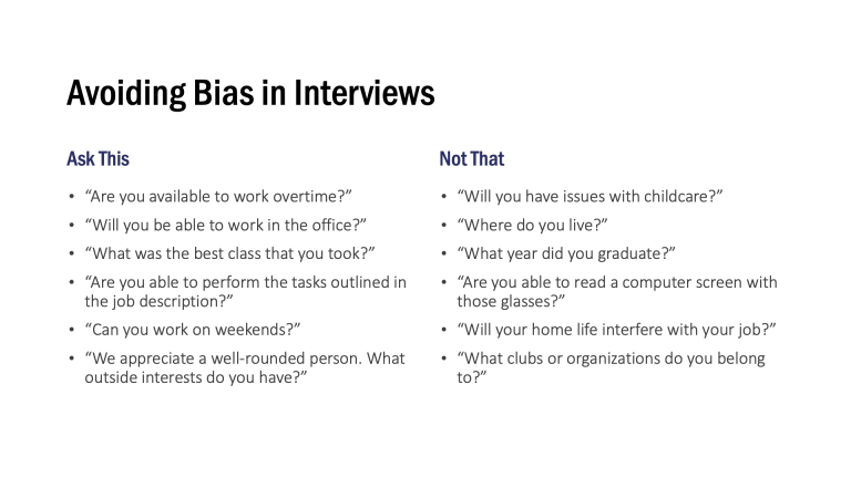 PowerPoint slide titled "Avoiding Bias in Interviews"