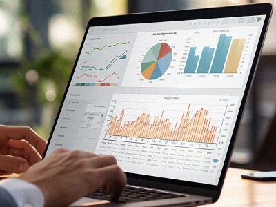 Businessman working on laptop with a data analytics tool