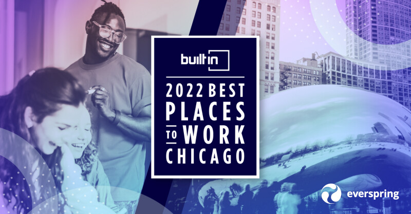 Built In Chicago 2022 Best Places to Work with background of chicago Bean and people laughing