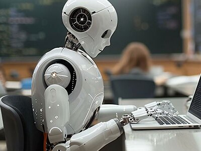 Humanoid robot using laptop at a desk In classroom