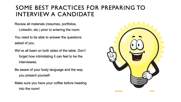 PowerPoint slide titled "Some Best Practices for Preparing to Interview a Candidate" featuring a list and clip art lightbulb.