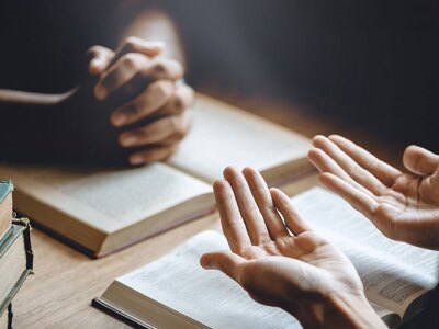 Two people discussing books.