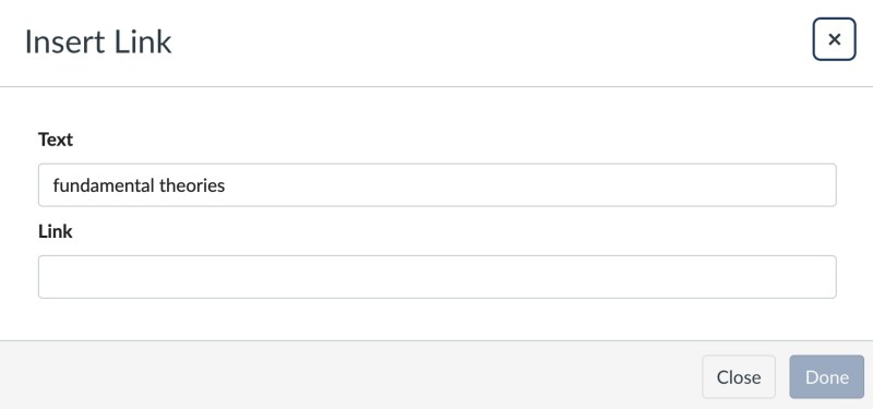 Annotated screenshot of the insert link option in Canvas