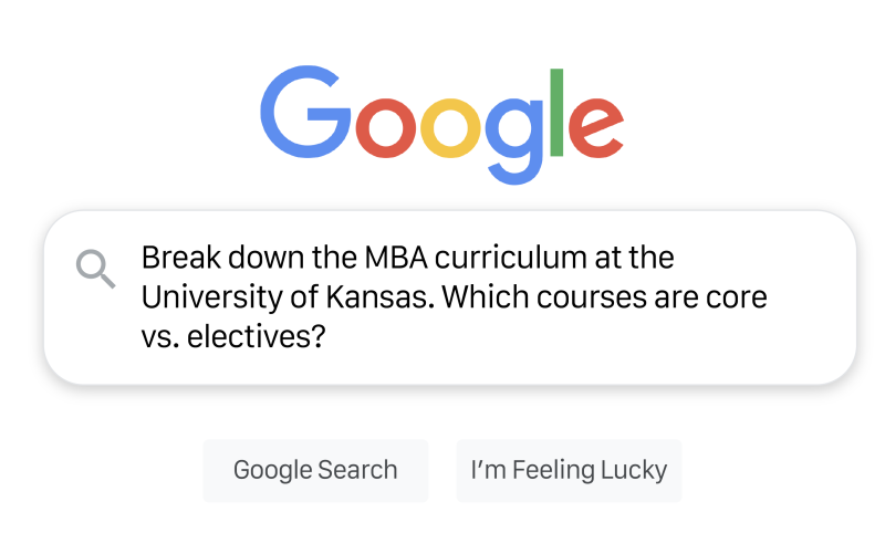 Google search page showing a query asking for a breakdown of the University of Kansas MBA curriculum, core courses, and electives.