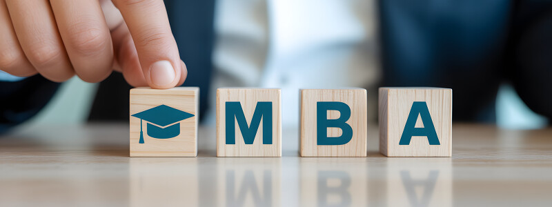 Four blocks are set on a table. One depicts a graduation cap. The others spell out "MBA." A finger is pointing to the graduation cap.