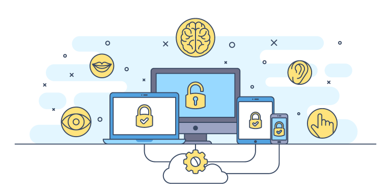 Devices surrounded by icons that represent the senses.