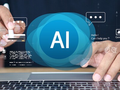 Man using laptop with AI chatbot and digital assistant icons overlay