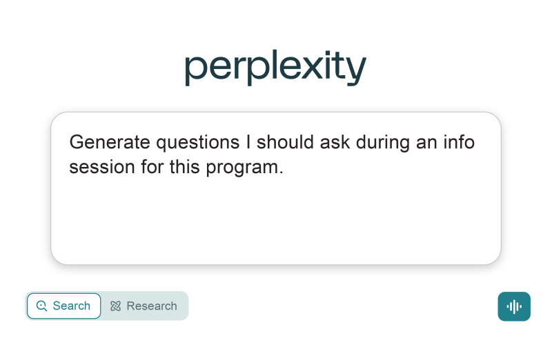 Perplexity AI interface showing a user asking for questions to ask during an information session for a program.