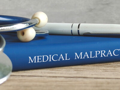 A stethoscope and pen are stacked on top of a blue "Medical Malpractice" book.