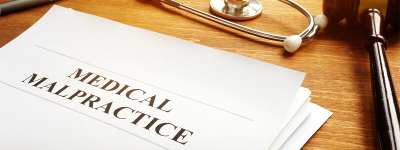 Document that reads "Medical Malpractice" rests on a desk next to a stethoscope and a gavel.
