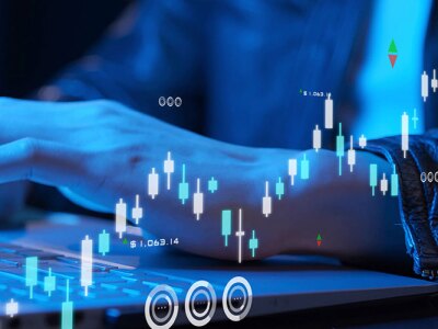 Stock exchange market and business investment, corporate finance, and economic stock graph chart with AI built in.