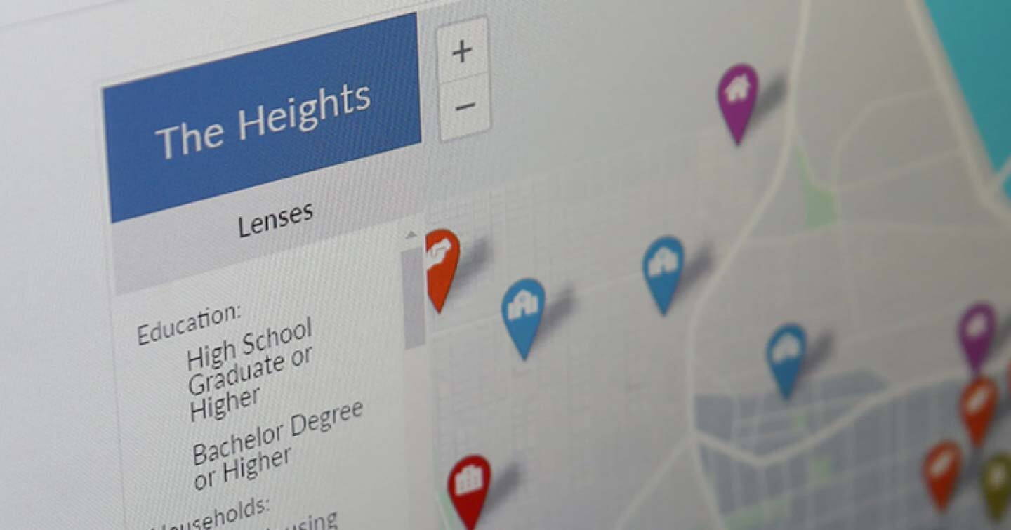 The Heights interface showing pins on an interactive map